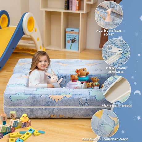 Couch, Glow in The Dark Kids Play Couch Toddler Fold Out Couch, Kids Fold Out Couch for playroom, Convertible Baby Fold Out Play Foam and Floor Cushion for Bedroom, Blue+Dinosaur