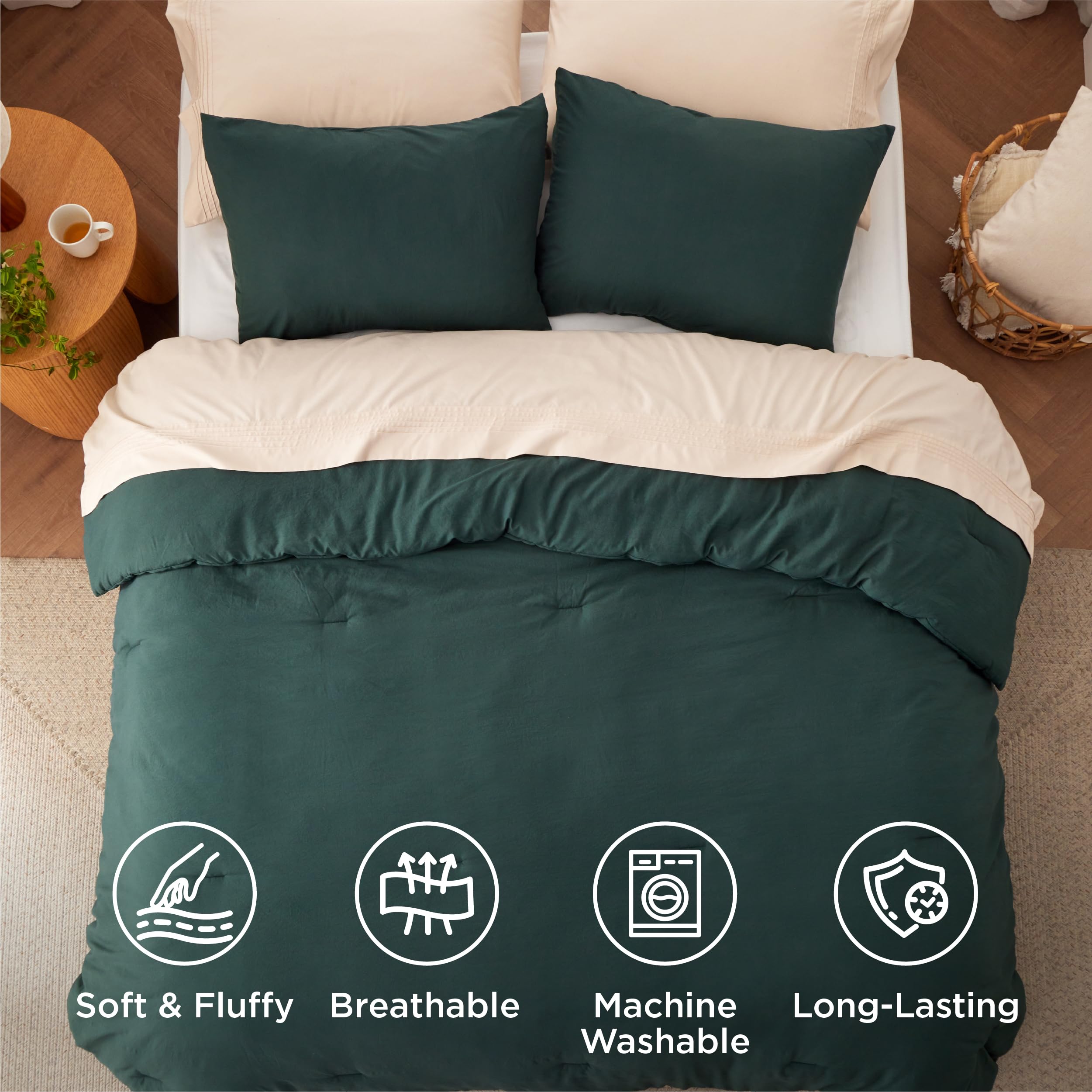 Queen Size Comforter Set - Forest Green Prewashed Bedding
