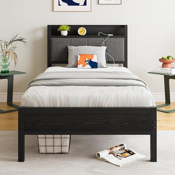 BOFENG Black Full Size Bed Frame with Storage Headboard,Metal Upholstered Platform