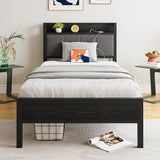 BOFENG Black Full Size Bed Frame with Storage Headboard,Metal Upholstered Platform
