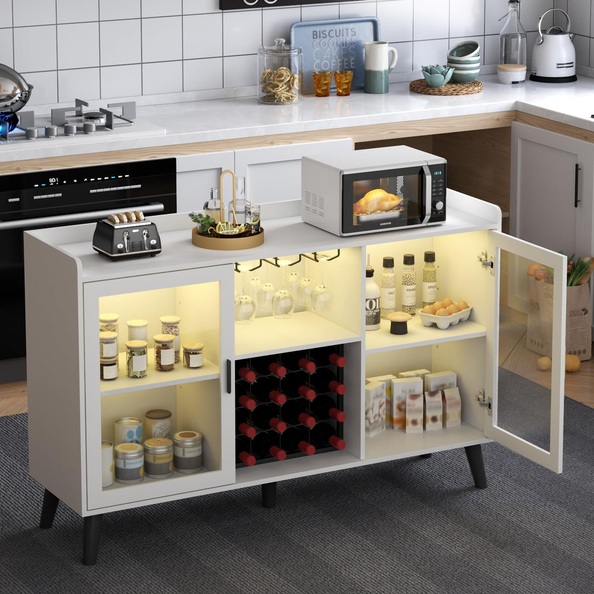 Wine Bar Cabinet with LED Light, Home Coffee Cabinet with Wine Rack and Glass Holder