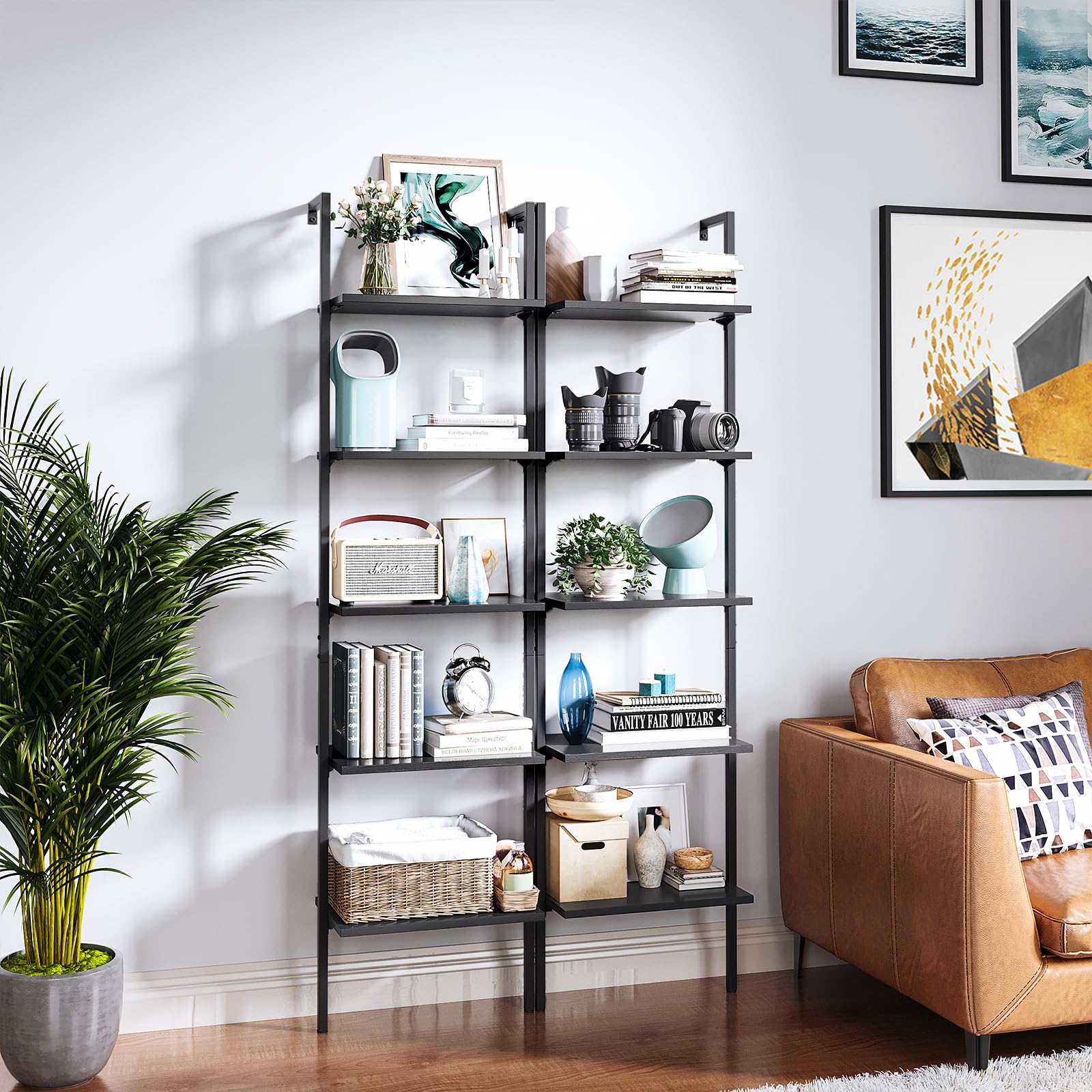 Ladder Shelf, 5 Tier Black Bookshelf, 72 Inch Wall Mounted Book Shelf
