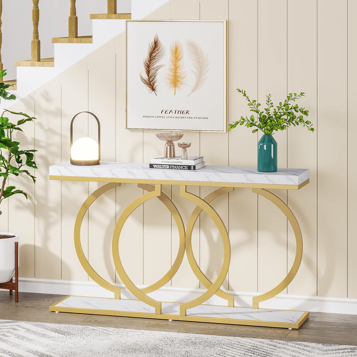 Gold Console Table, 55 inch Faux Marble Entryway Table Narrow Long Sofa Table