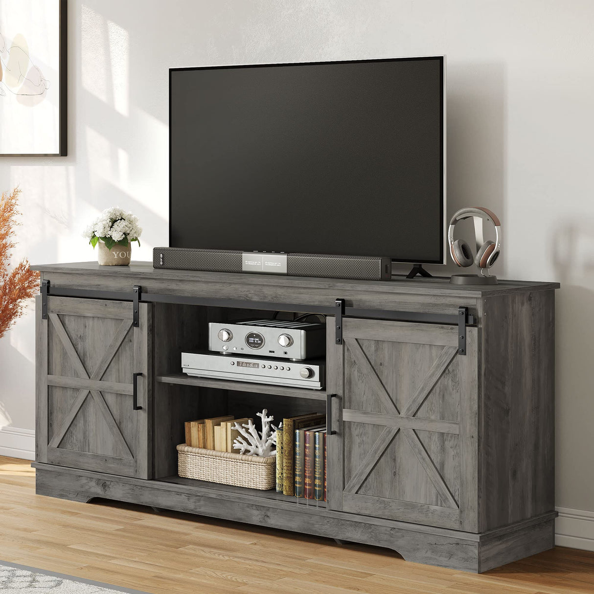 Farmhouse TV Stand for 65/60/55 Inch TV, Rustic Modern Entertainment Center