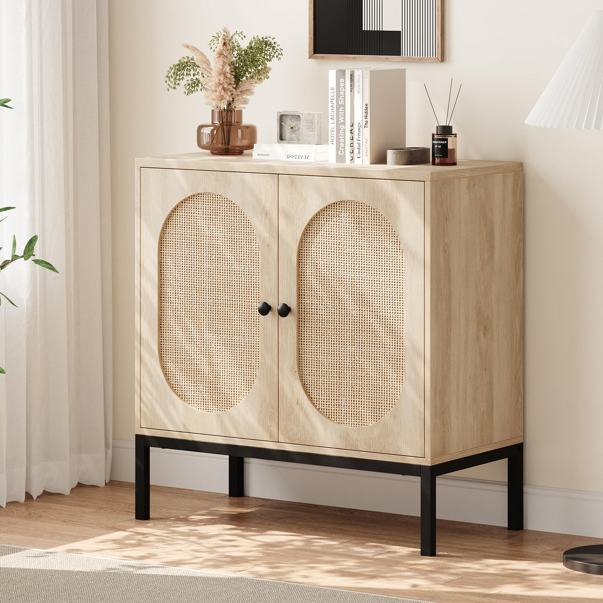 Sideboard Buffet Cabinet Set of 2, Rattan Storage Cabinet with Adjustable Shelves