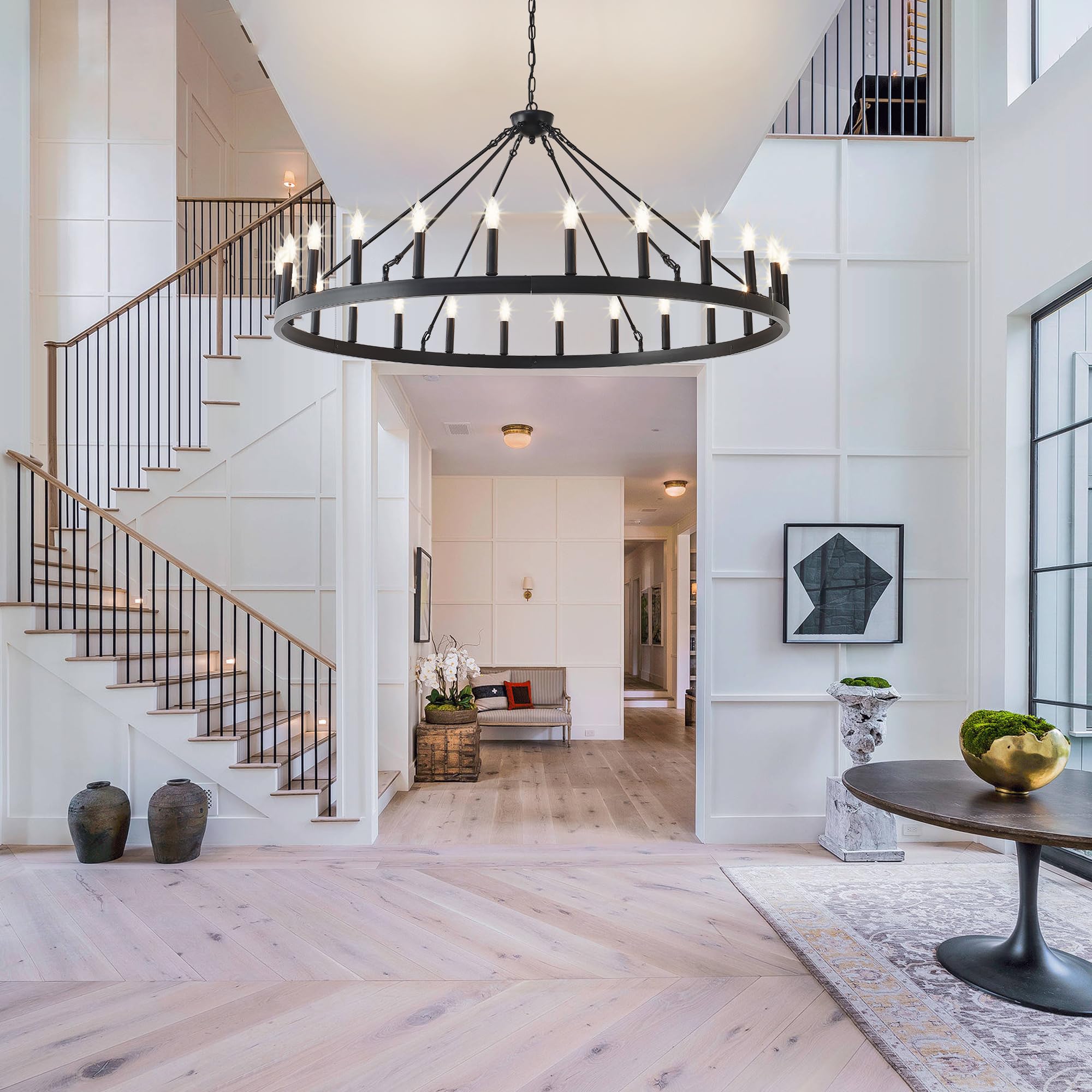 53 Inch Large Black Farmhouse Wagon Wheel Chandelier