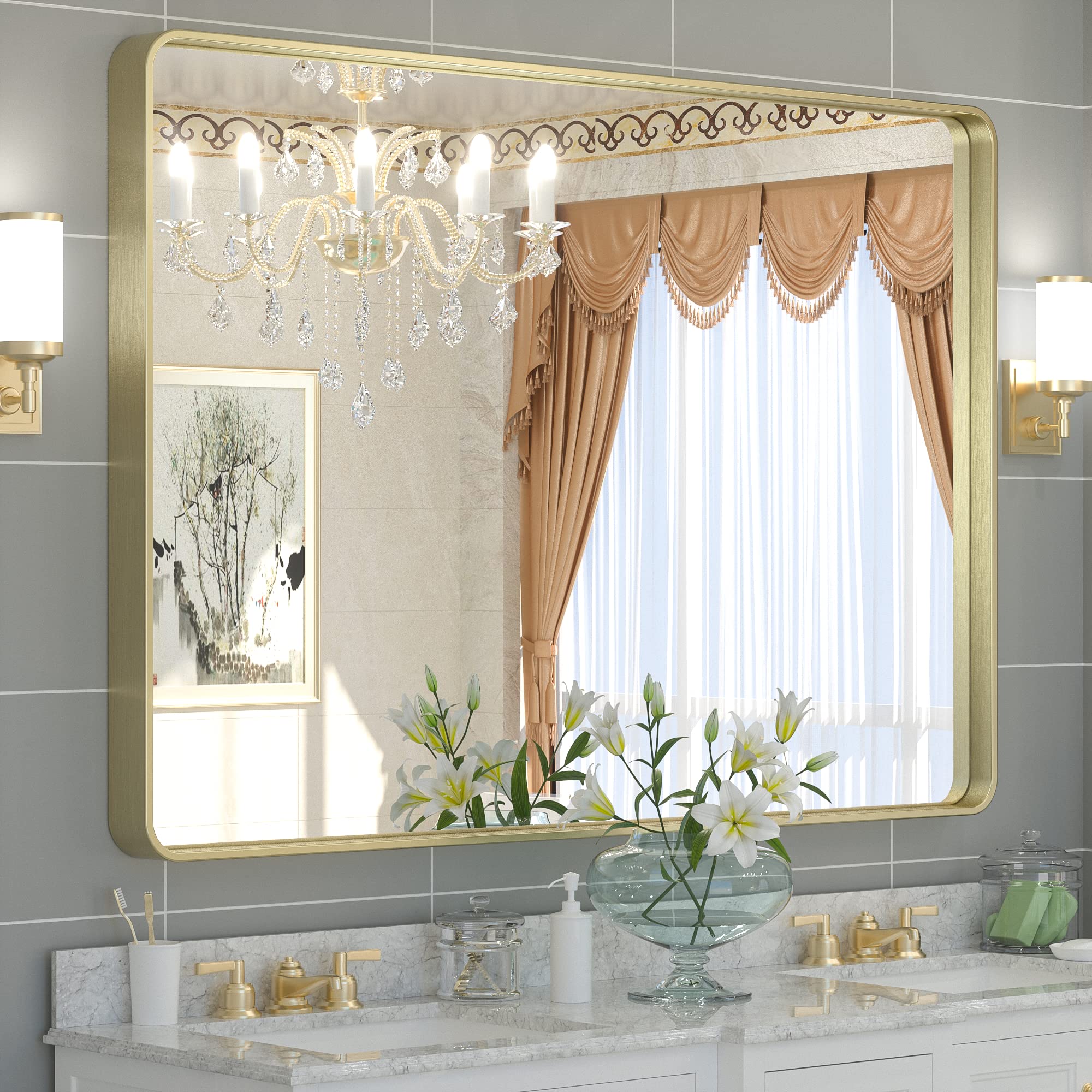 Bathroom Mirror, Champagne Gold Brushed Metal Framed Modern Vanity