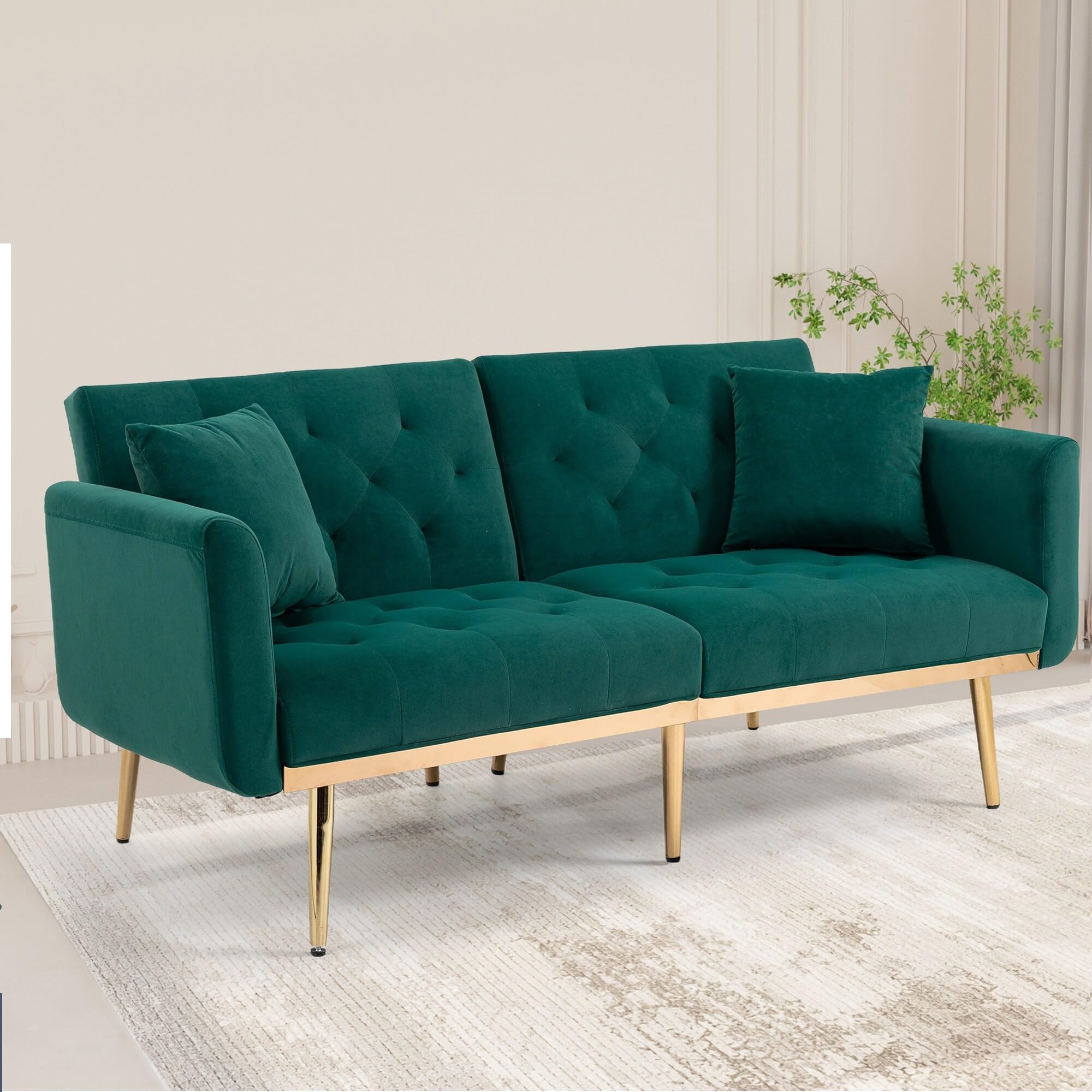 Upholstered Tufted Loveseats Sleeper Sofa with Rose Golden Legs Green