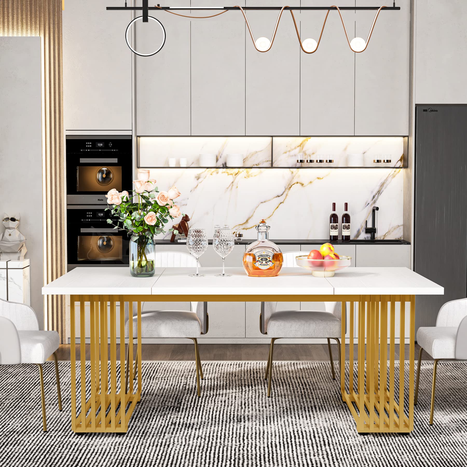 70.8" Modern Dining Table for 6-8 People - White Wood with Gold Metal Legs