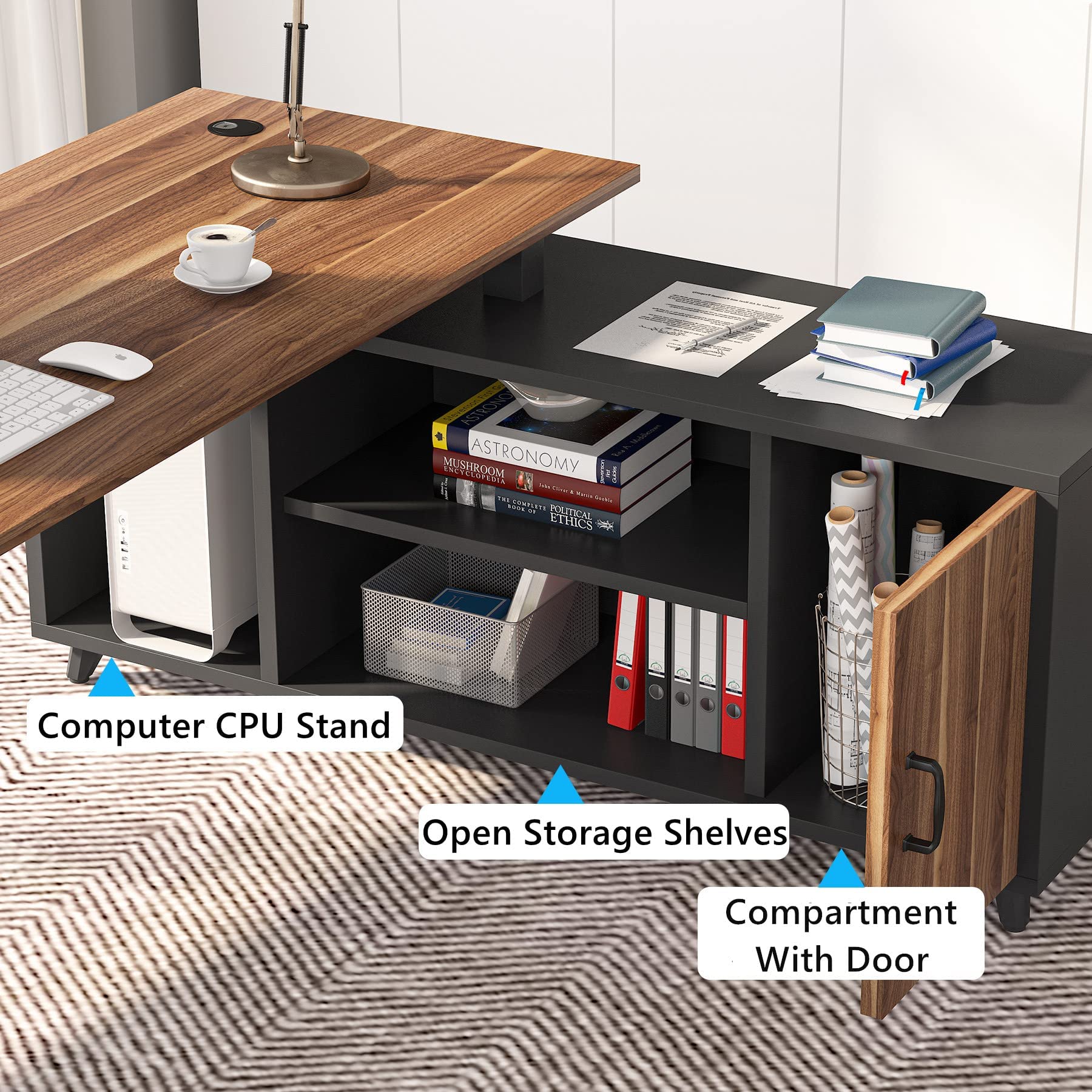 L-Shaped Executive Office Desk – 78.74” with File Cabinet & Storage