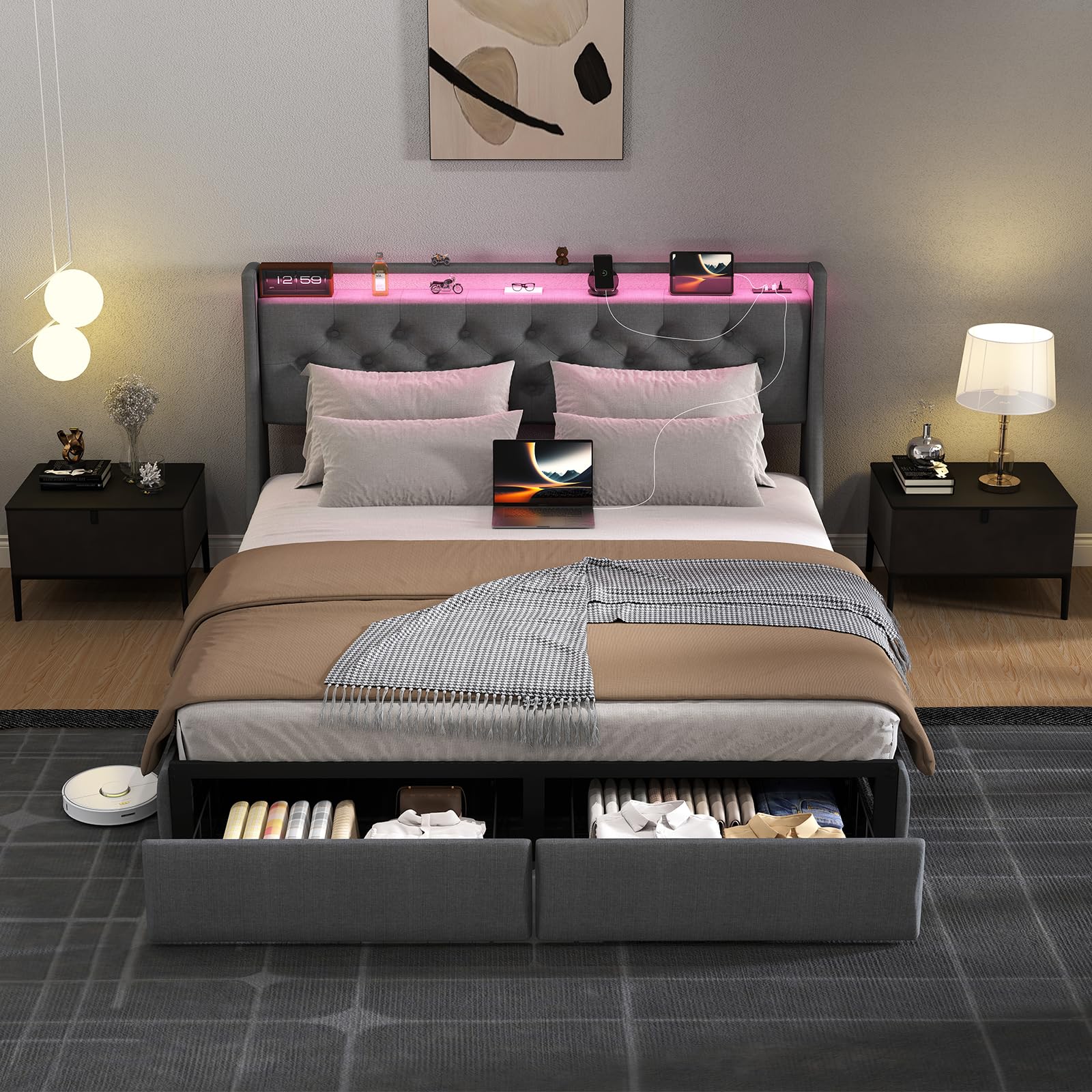 SADENICEL Full Size Bed Frame with Storage Headboard and 2 Drawer, Metal Full Bed Frame Platform with LED Light, Charging Station, No Box Spring Needed, Noise Free, Easy Assembly, Grey