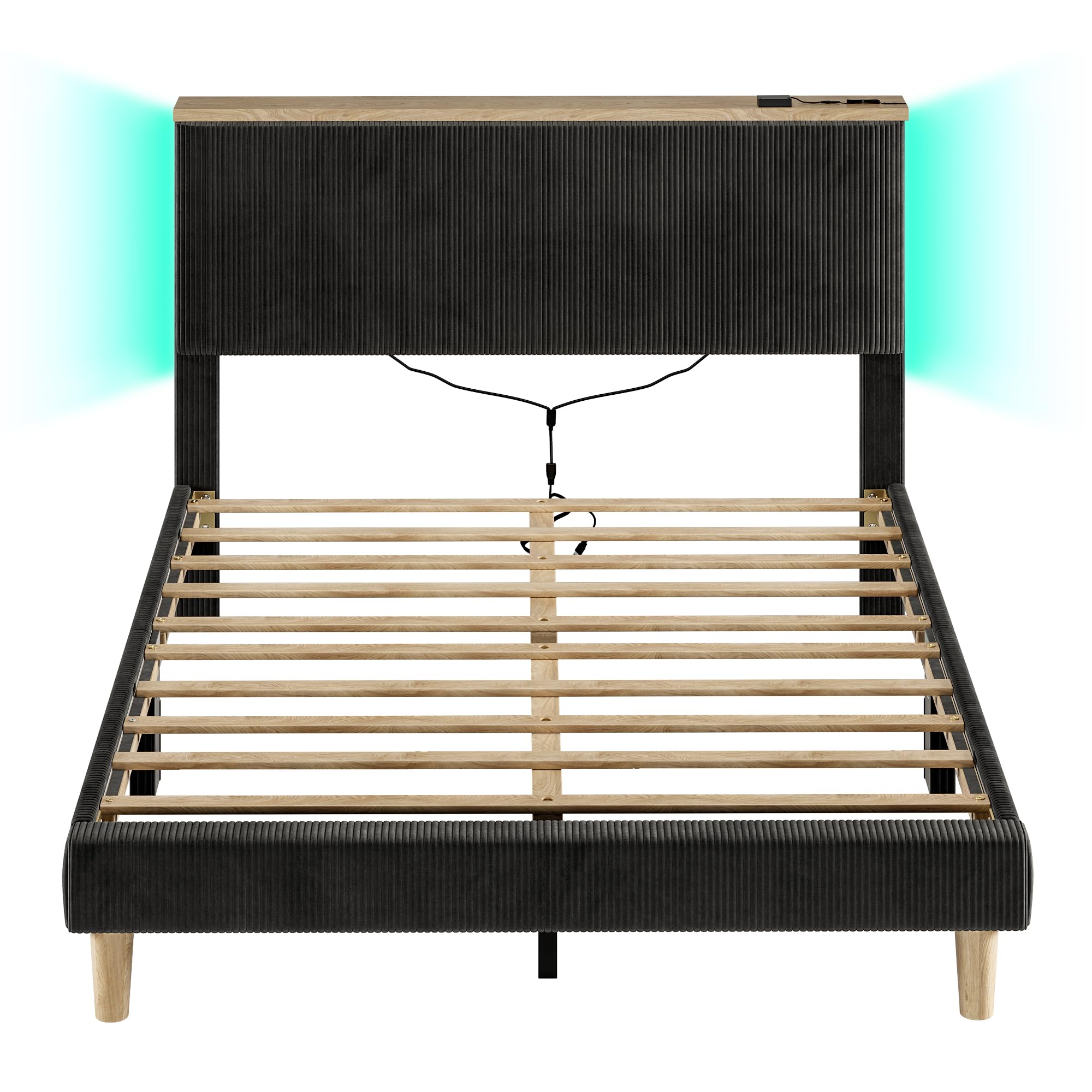Bestier Queen Size Bed Frame with Headboard, Corduroy Upholstered Adjustable Platform Bed with Storage Shelf, Bedside LED Bed Frame, Solid Wood Slats Support, No Box Spring, No Squeaks(Black)