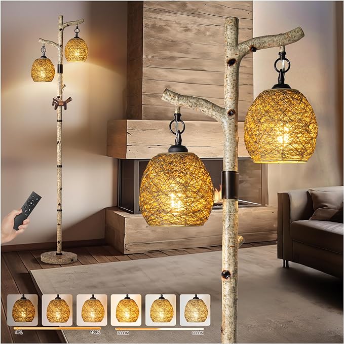 Farmhouse Floor Lamp – 68” Rustic Tree Trunk Lamp with Wicker Drum Shades