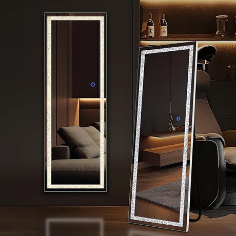 Rectangle Full Length Mirror with LED Lights, 64"x20" Full Body Floor Mirror Standing Hanging or Wall Mount Mirror for Bedroom, Aluminum Frame, Dimming & 3 Color Lighting