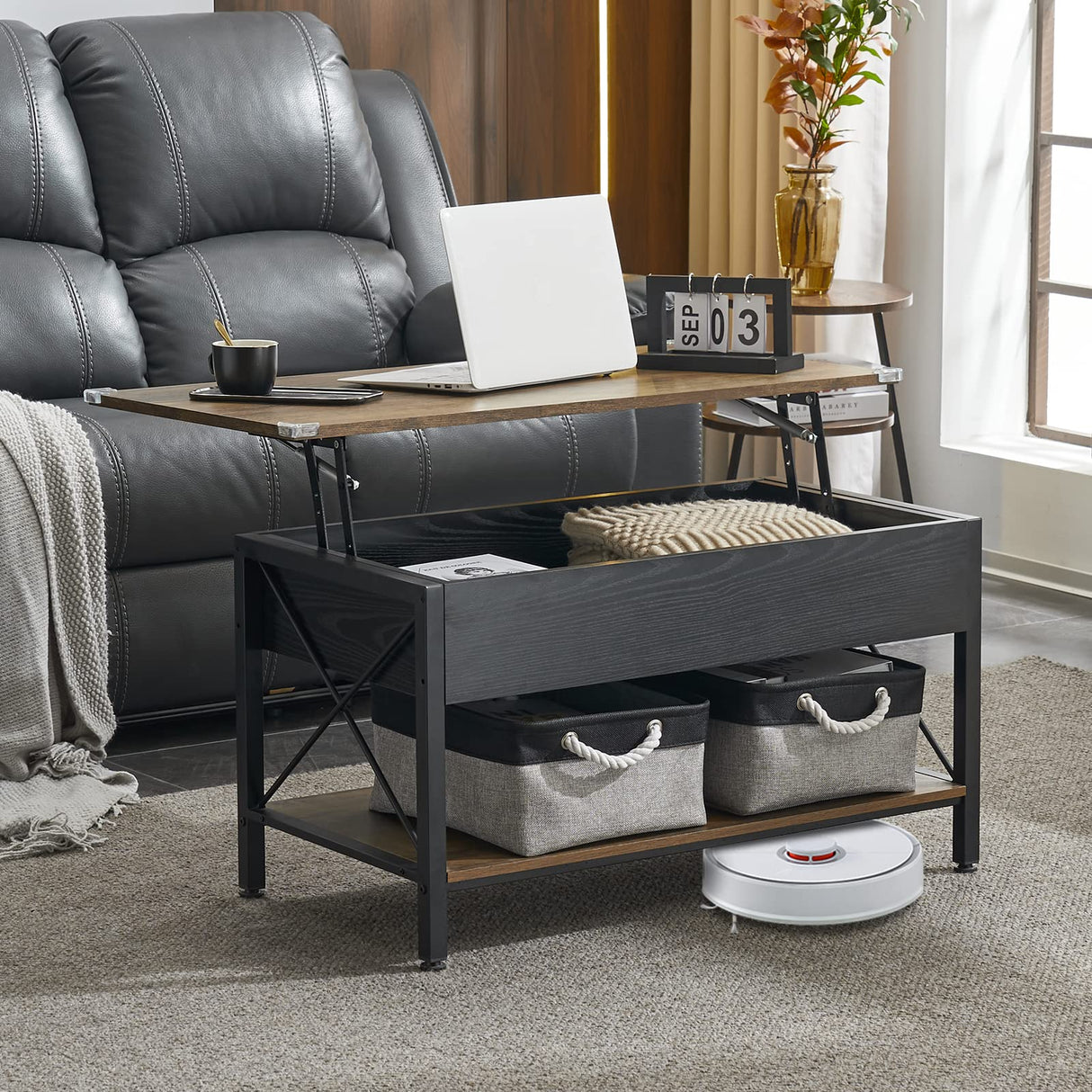 Lift Top Coffee Table with Two Free HQ Cloth Bins Storage, Farmhouse Grey Black, Small