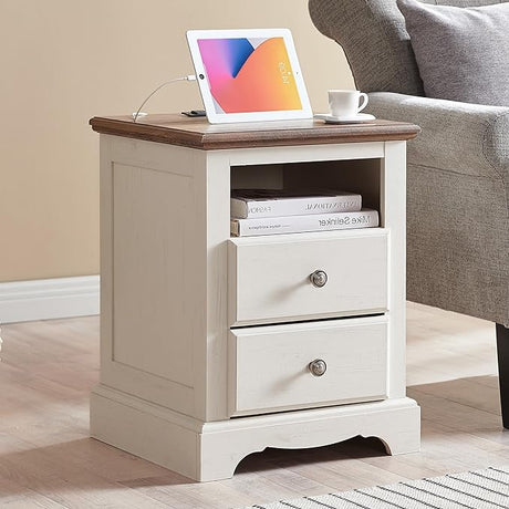 Nightstand with Charging Station, 18 Inch Vintage End Table with 2 Drawers for Living Room,