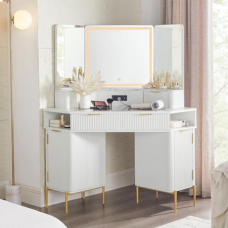 Corner Vanity Desk with Mirror and Lights, 48" Modern Fluted Makeup Vanity with Glass Top