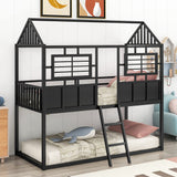 Twin Over Twin Size Metal Low Bunk House Bed with Roof, Two Front Windows