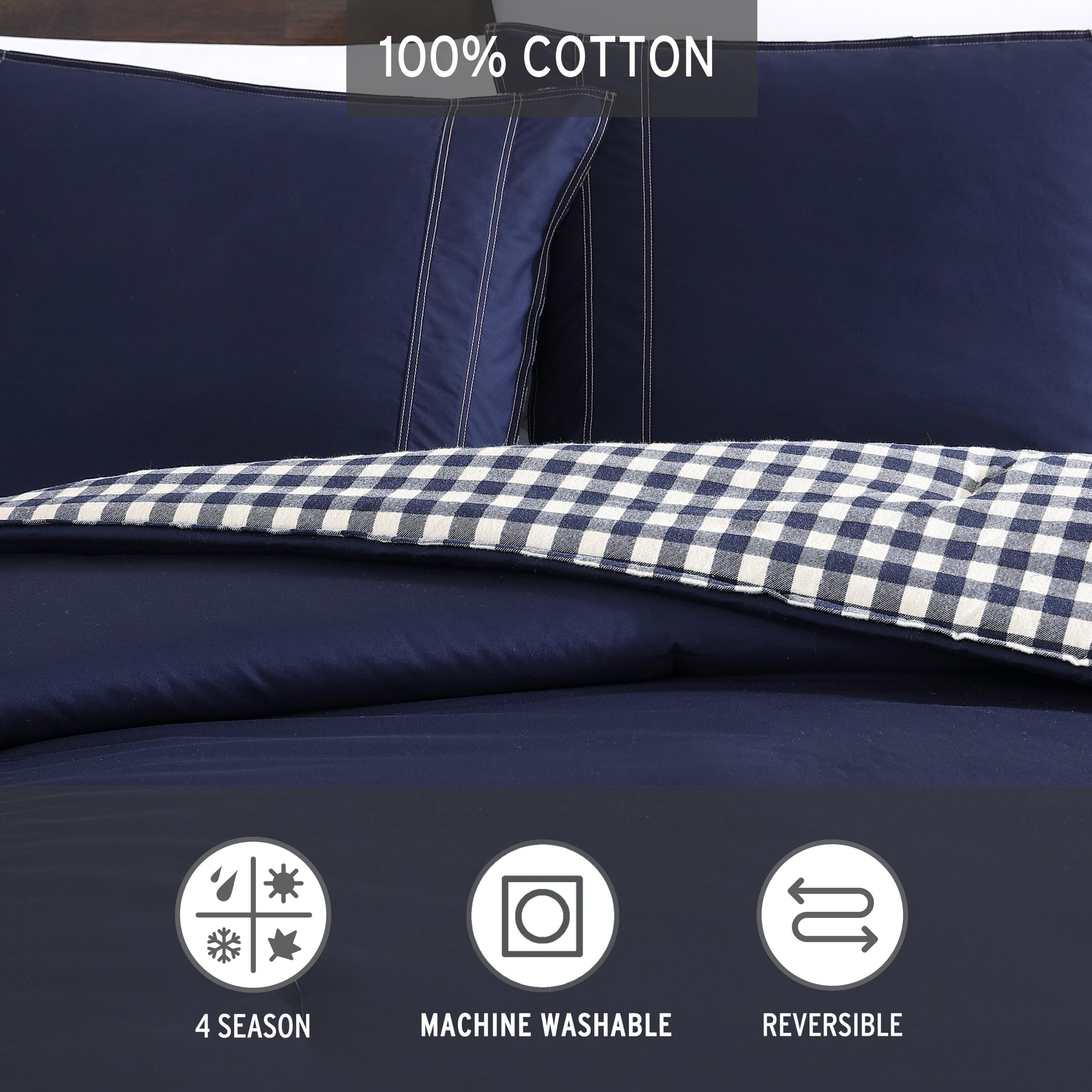 King Comforter Set, Reversible Cotton Bedding with Matching Shams, Pre-Washed for Added Softness (Kingston Navy, King)