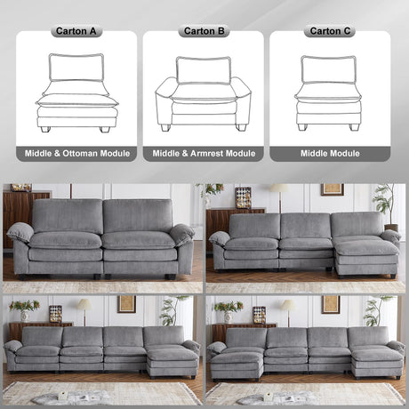 Karl home Sectional Sofa Modular Deep Seat Sofa Couch with Ottoman, Corduroy Sofa Sleeper Comfy Upholstered Furniture for Living Room, Apartment, Studio, Office, (3-Seat & 2-Ottoman, Gray)