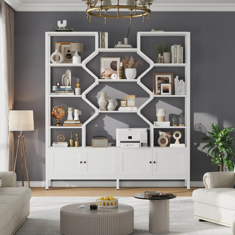 l 5-Tier Bookshelf with 4 Large Storage Cabinet, 74.2" W x 76.5" H Etagere Bookcase 14 Open Display Standing Shelves with Metal Frame for Living Room, Dining Room, White