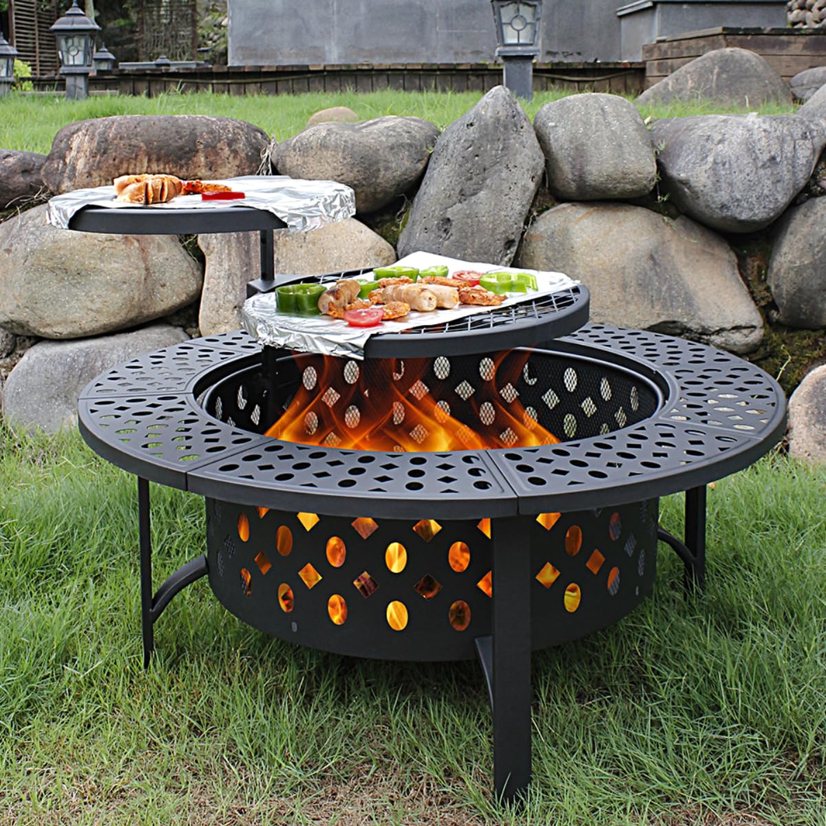 OutVue 36 Inch Fire Pit with 2 Grills, Wood Burning Fire Pits for Outside with Lid, Poker and Round Waterproof Cover, BBQ& Outdoor Firepit & Round Metal Table 3 in 1 for Patio, Picnic, Party - Bircata