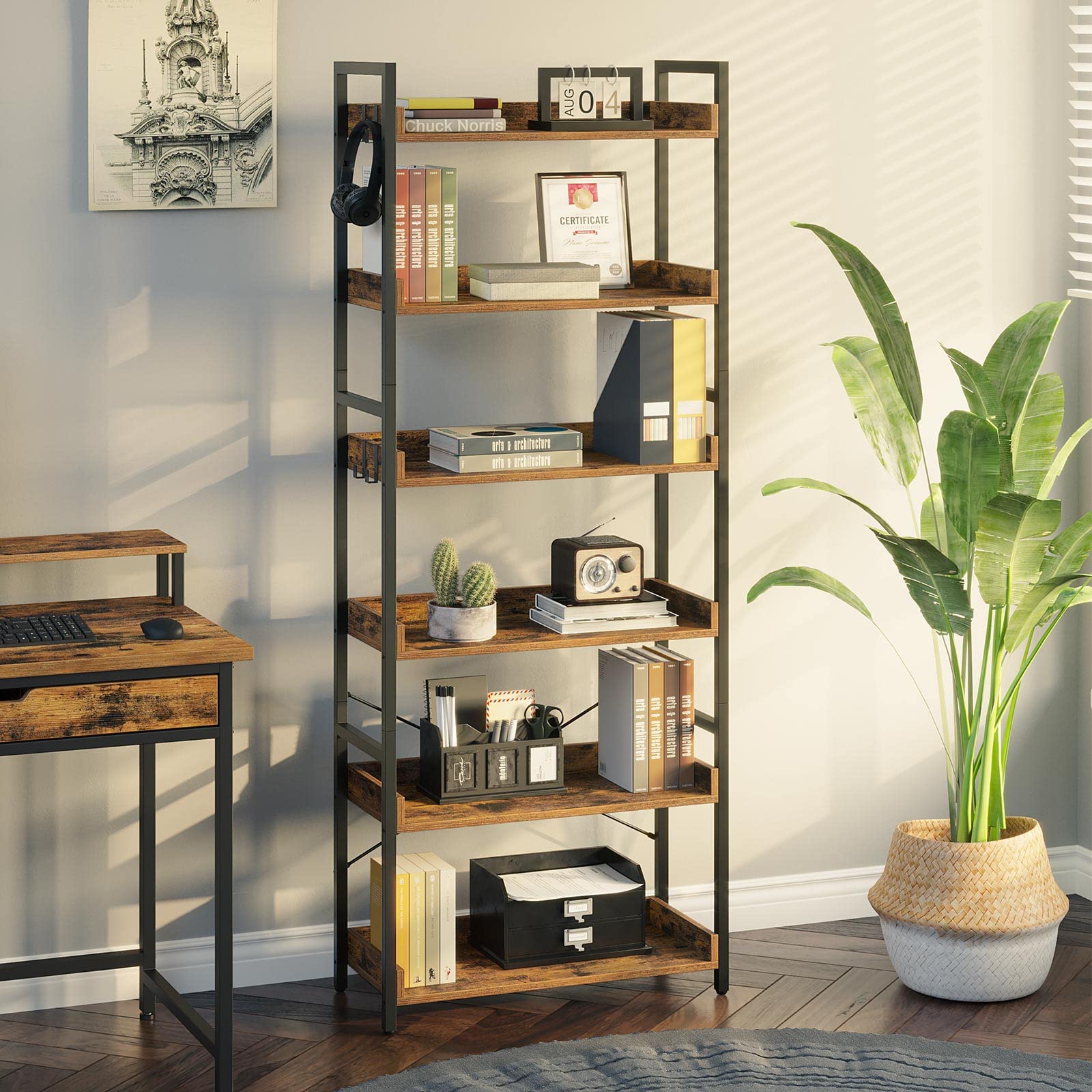 Bookshelf 6 Tier with 4 Hooks, Industrial Bookcase, Vintage Storage Rack with