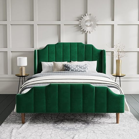 Upholstered Queen Size Bed Frame with Modern Curved Velvet Wingback Headboard