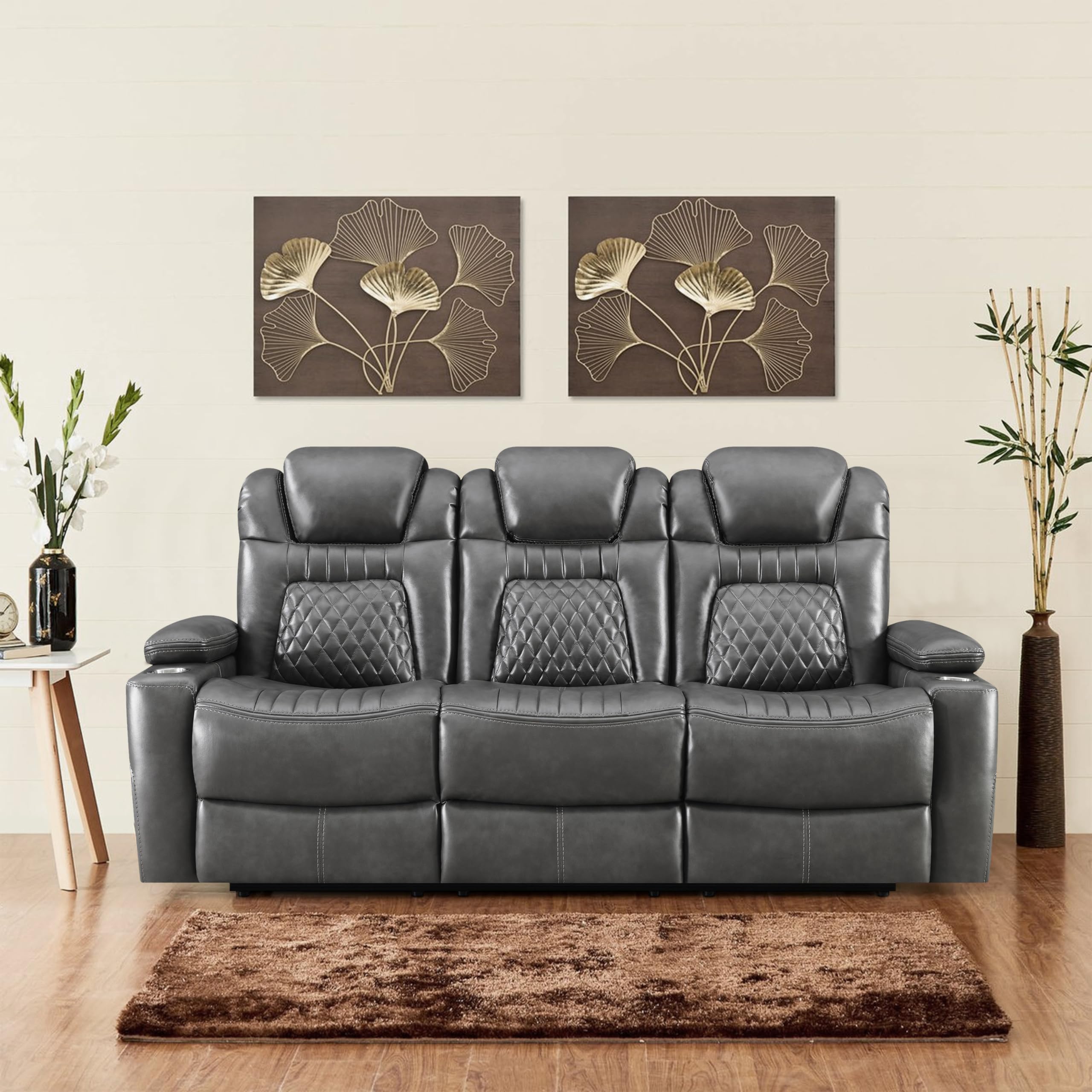 Black Leatherette Diamond Tufted Power Recliner Sofa with Drop Down Storage