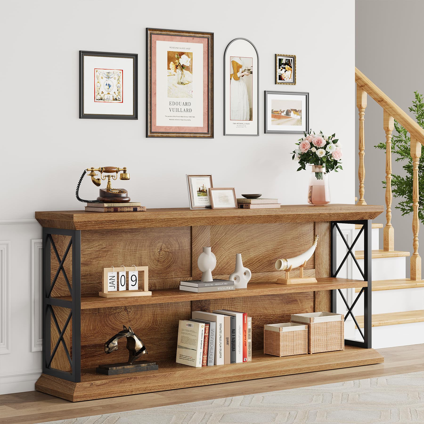 63 Inch Console Table with 3-Tier Storage - Oak Brown