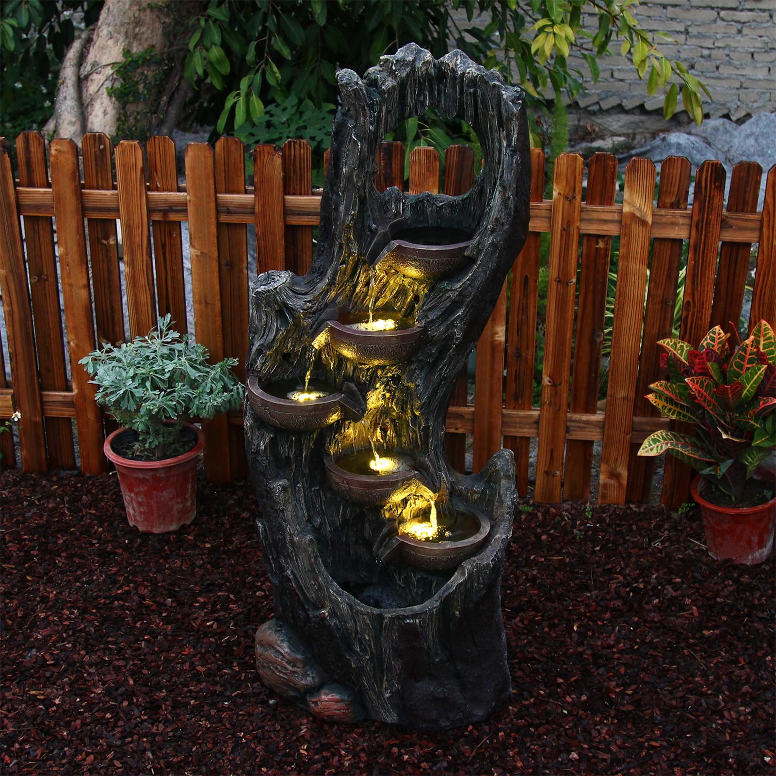 6-Tiers Floor Cascading Waterfall Fountains Outdoor Indoor Tree Trunk Water Garden
