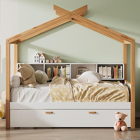 Wooden Kids House Bed, Full Size Trundle and Bookshelf Storage Space