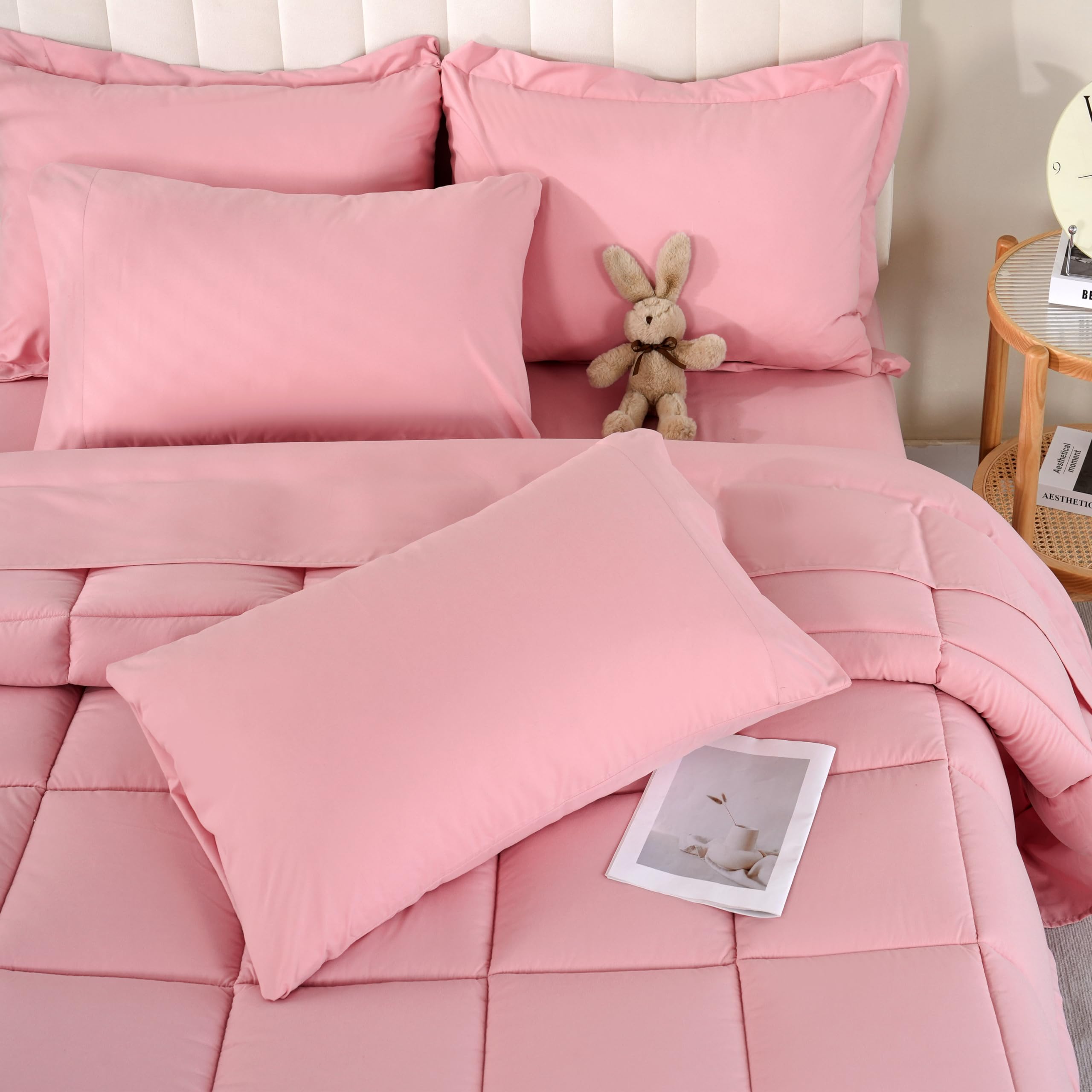 Queen Comforter Set, 7 Pieces Bedding Sets Queen Pink, All Season Down Alternative Bed in a Bag Queen