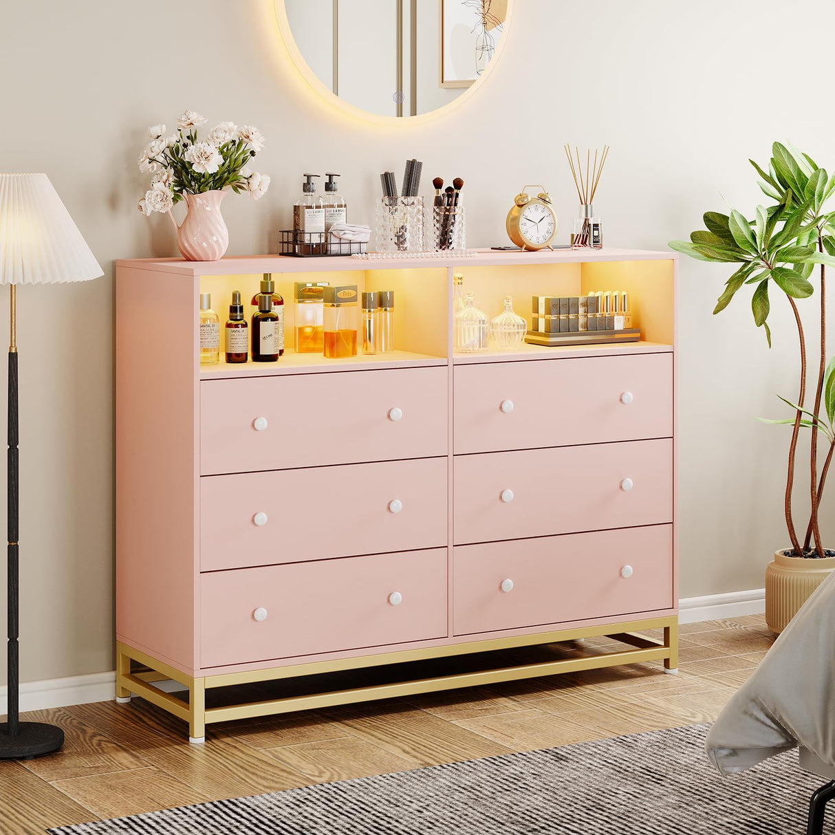 Wide Dresser for Bedroom with Charging Station, 6 Drawer Dresser