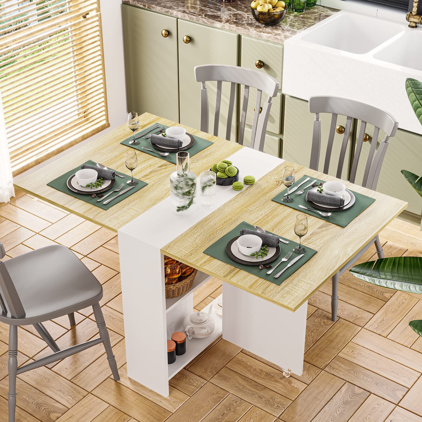 Folding Dining Table, Versatile Dinner Table with 6 Wheels and 2 Storage Racks,