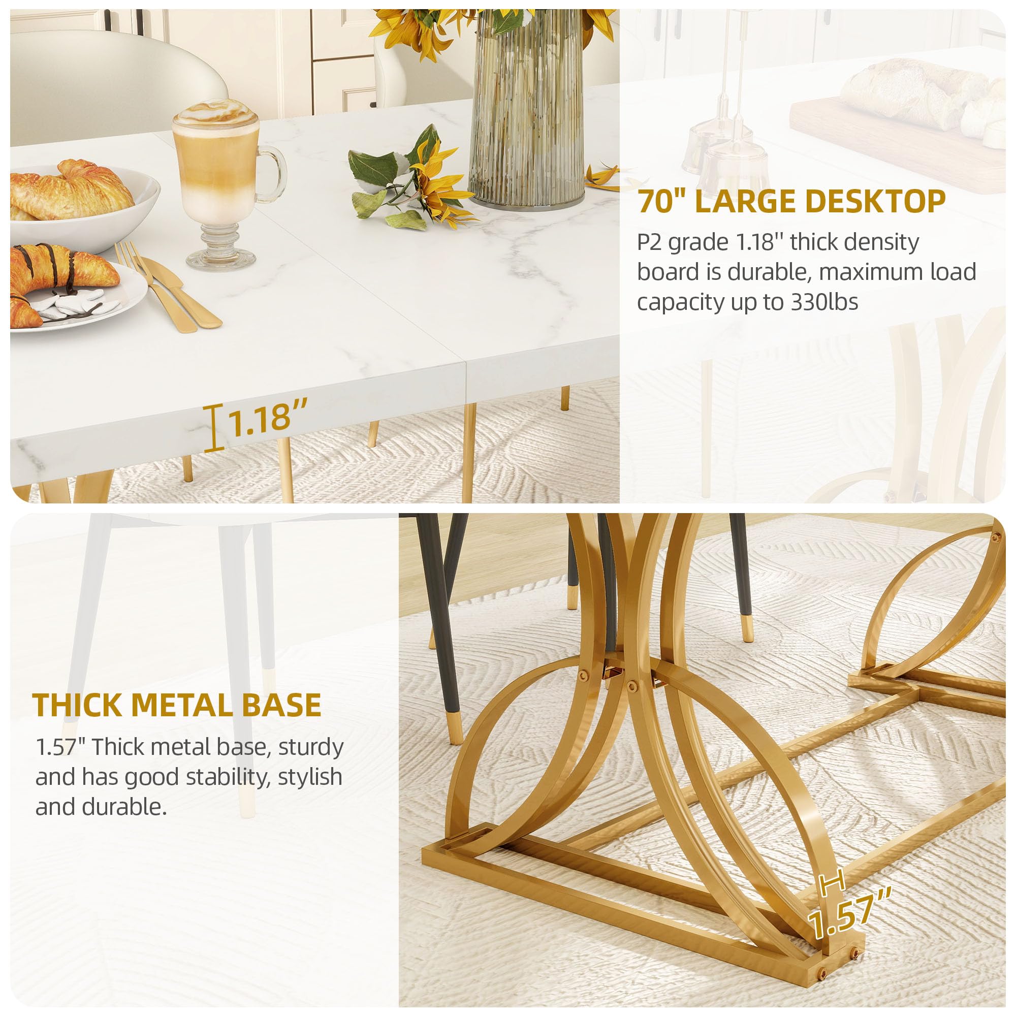 70.3" Modern Dining Table for 6-8 People - White Marble & Gold