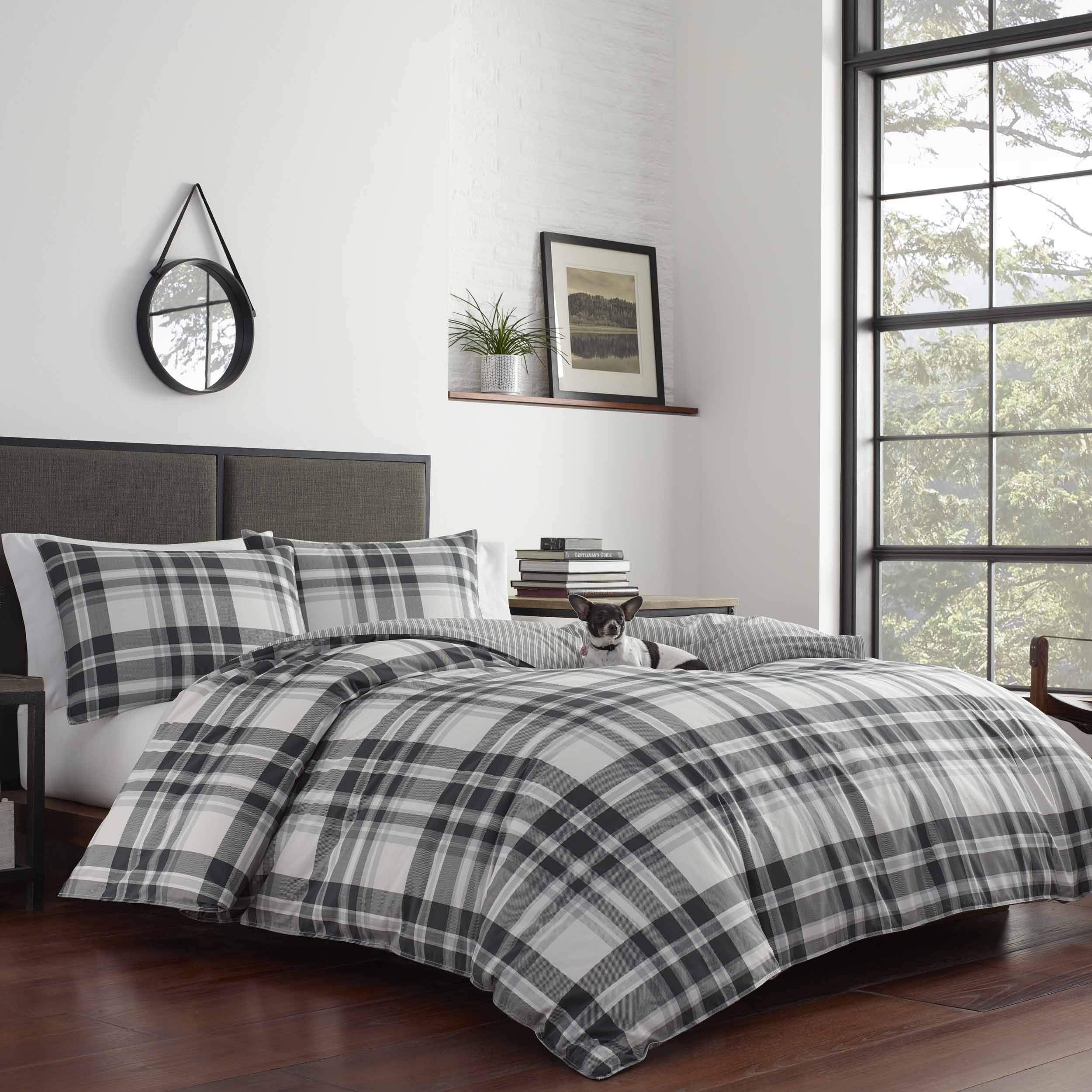 King Comforter Set - Cotton Reversible Plaid Bedding with Matching Shams