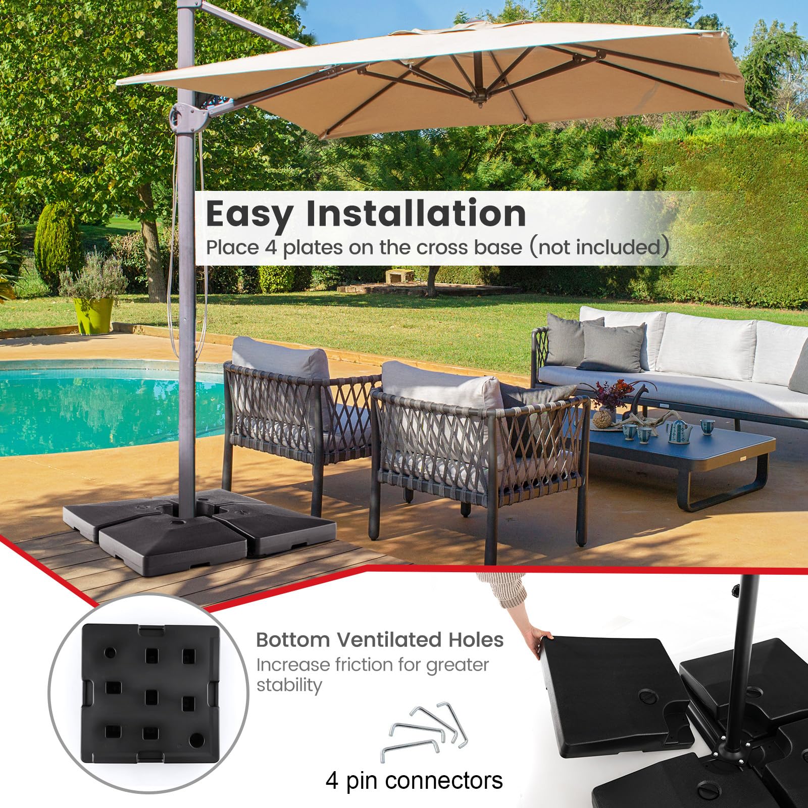 Giantex 284 lbs Fillable Offset Patio Umbrella Base, 4PCS Umbrella Stand Water Sand Weight for Cantilever Umbrella, Easy-Filling Spouts, Outdoor Market Umbrella Base Holder for Garden Yard Poolside