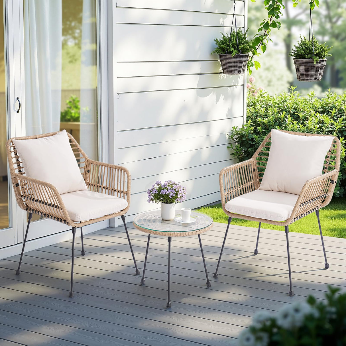 3 Piece Patio Bistro Set, Outdoor Wicker Patio Set for 2, All Weather Bistro Table
