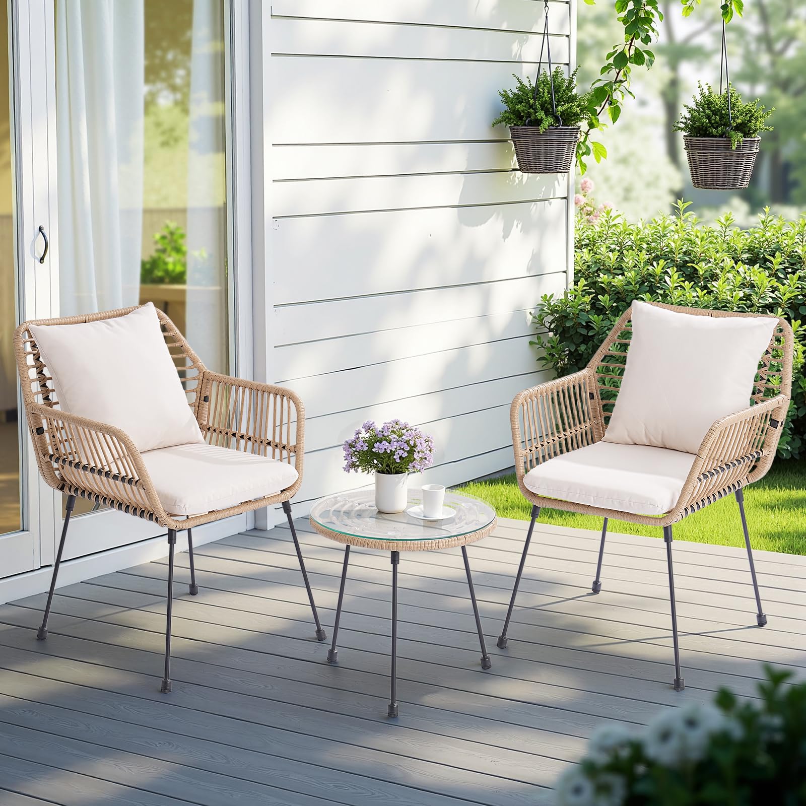 3 Piece Patio Bistro Set, Outdoor Wicker Patio Set for 2, All Weather Bistro Table