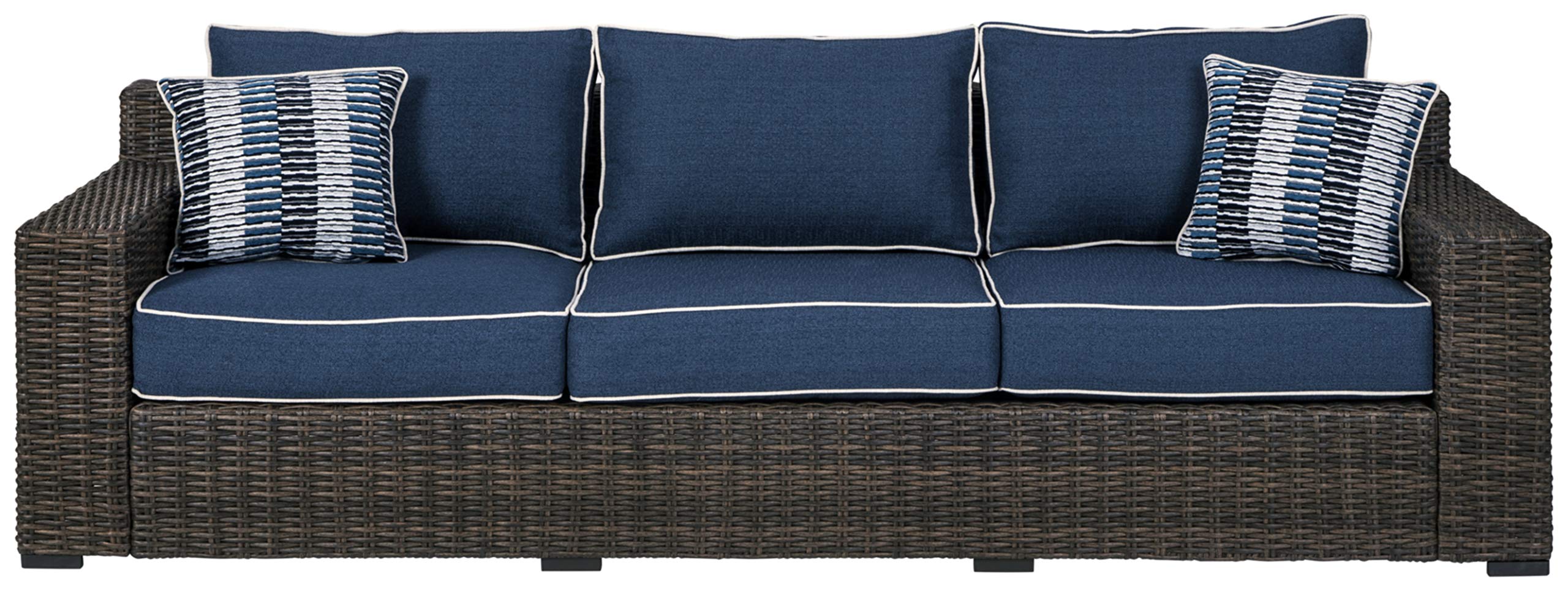 Grasson Lane Outdoor Patio Wicker Sofa with Cushion and 2 Pillows, Brown & Blue