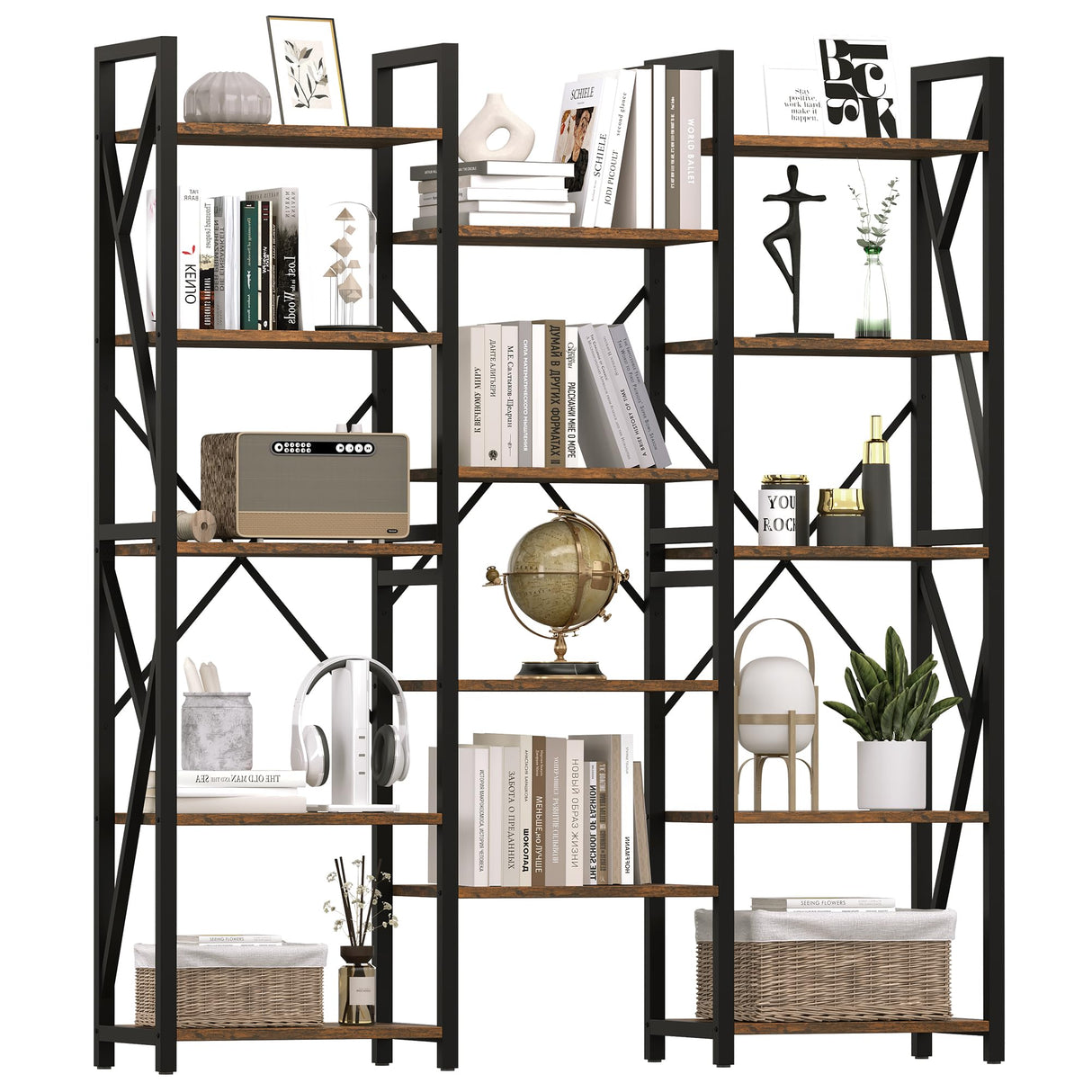 Triple Wide 5 Tier Book Shelf, Tall Bookshelf with Open Display Shelves