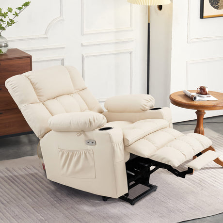 MCombo Medium Dual Motor Power Lift Recliner Chair with Massage and Heat for Elderly, Infinite Position, USB Ports, Cup Holders, Extended Footrest, Faux Leather 7890(Cream White)