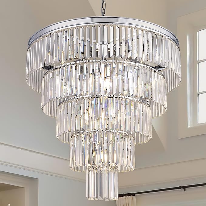 10 Light Large Crystal Chandelier 31.5 inch, 5-Tier Contemporary Modern Black Crystal