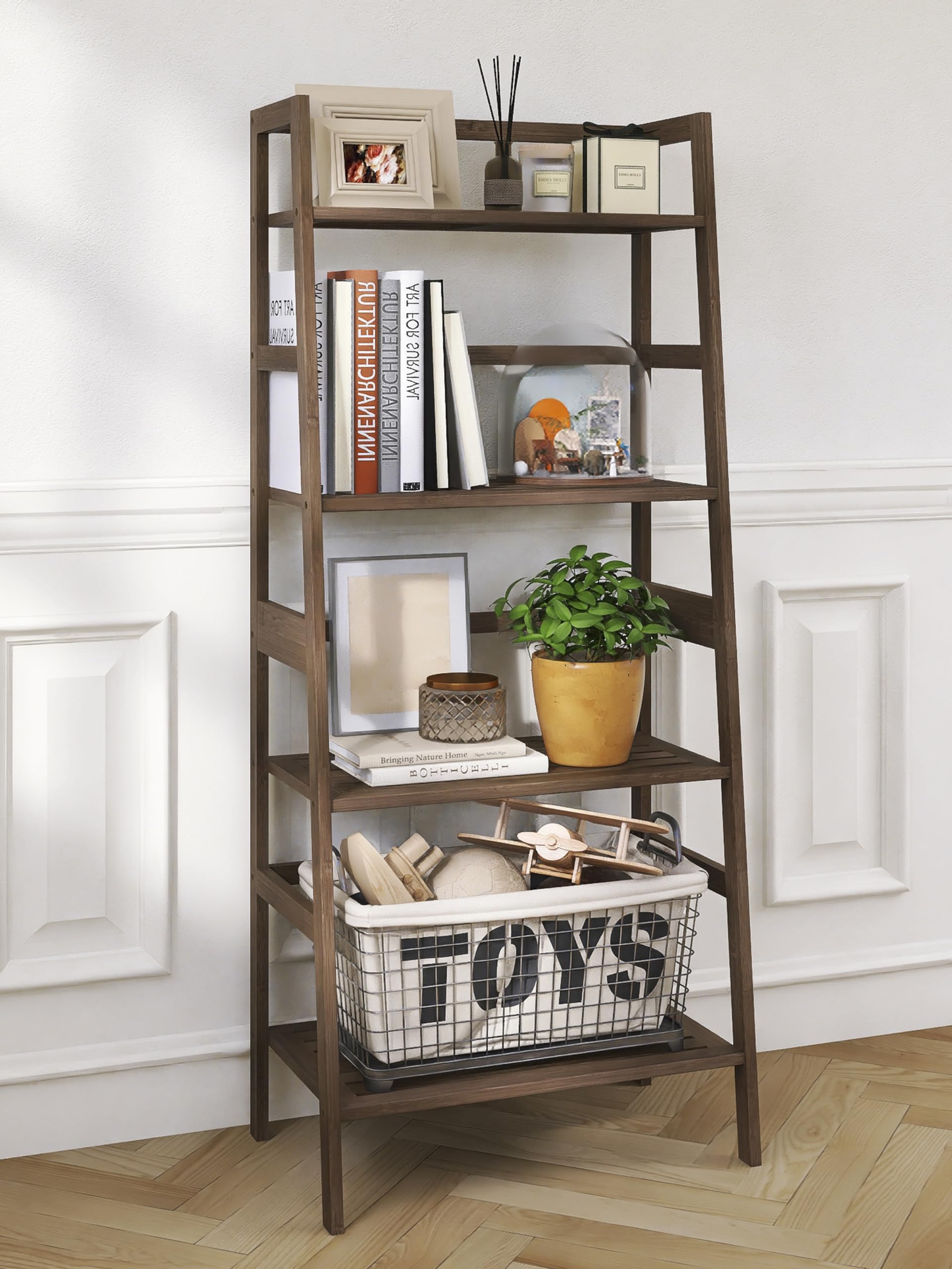 Bookshelf and Ladder Shelf, Bamboo Freestanding Open Storage Shelving Unit