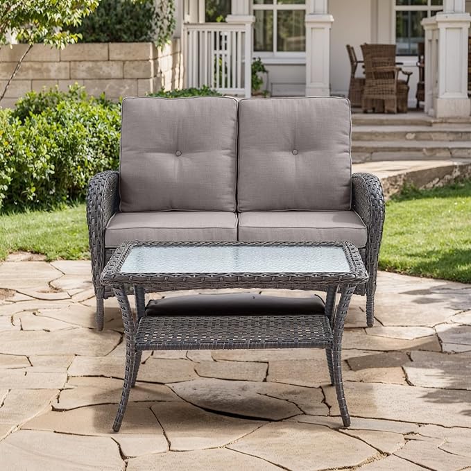 Outdoor Loveseat Sofa 2-Seat PE Wicker Outdoor Couch with Coffee Table