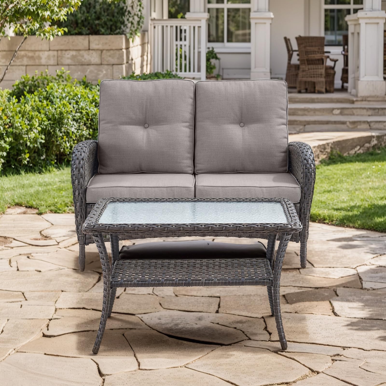 Outdoor Loveseat Sofa 2-Seat PE Wicker Outdoor Couch with Coffee Table