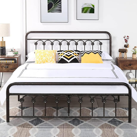 Metal Bed Frame Queen Size Platform with Vintage Style Headboard