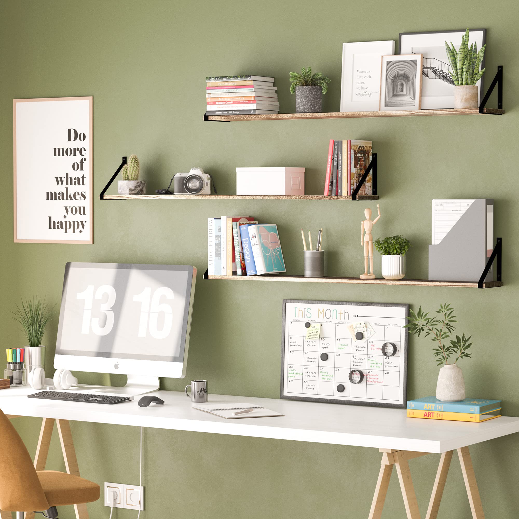 Bora Long Floating Shelves, Wall Bookshelf Living Room Decor Book Shelves for Office, Kitchen Organization Bedroom Decor Burnt, 48"x6" Set of 3