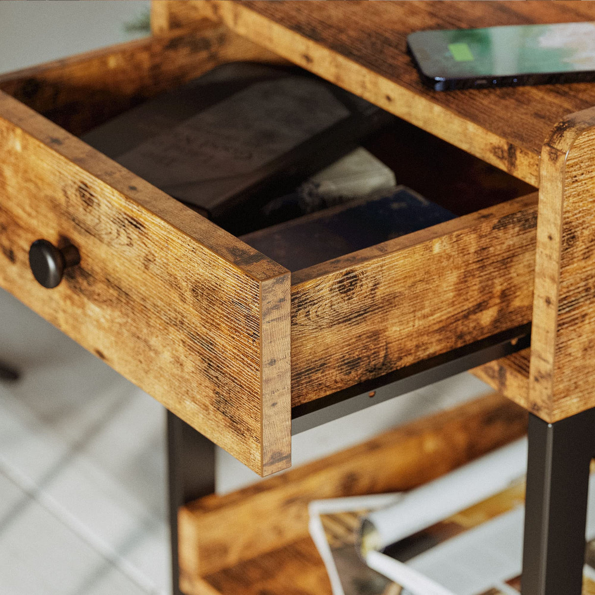 Nightstand, Bedside Table with Charging Station, Small End Table with Storage Drawer
